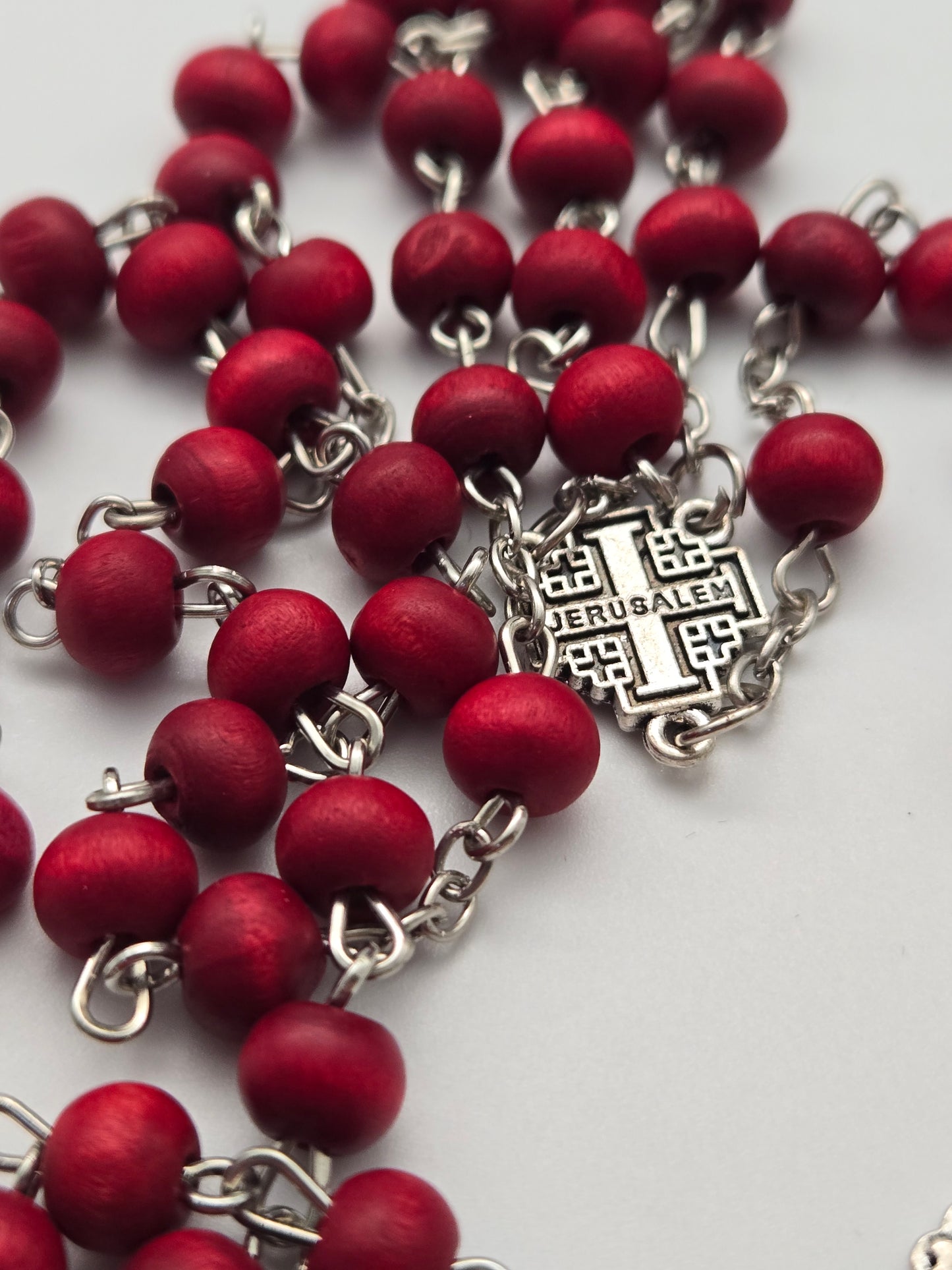 Red Wood Rosary (7mm) with Silver Crucifix and Jerusalem Cross