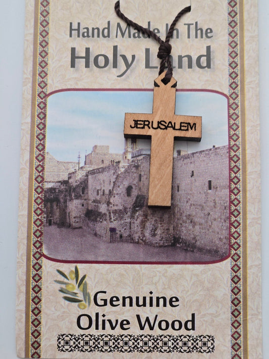 Authentic Olive Wood Cross Pendant - Jerusalem Carved Necklace - Christian Crafts