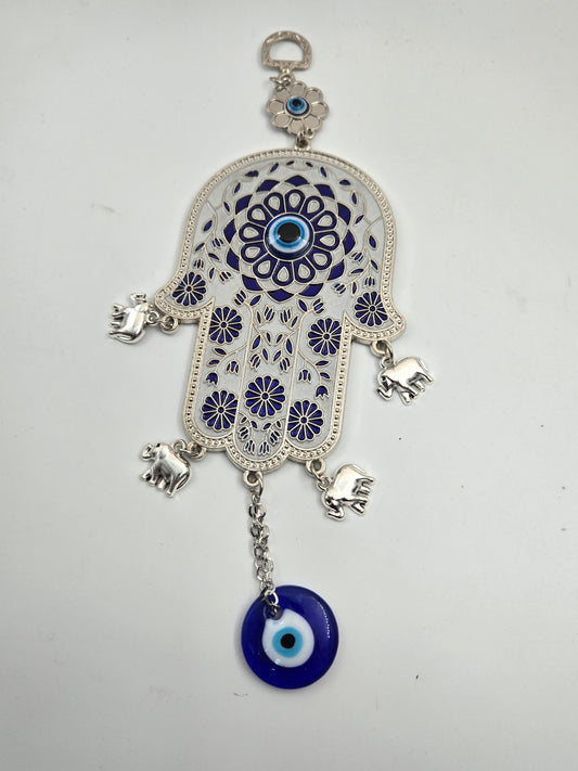 Blue Floral Hamsa with Evil Eye & Elephant Charms – Pewter Wall/Car Hanging (Hand of Mary) - Christian Crafts