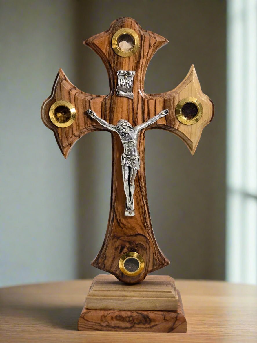 Byzantine Olive Wood Crucifix with Holy Land Relics - Christian Crafts