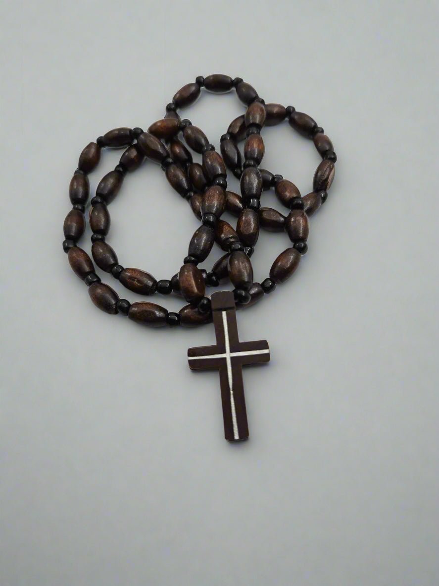 Dark Olive Wood & Agate Bead Rosary Necklace — Inlaid Cross Pendant - Christian Crafts