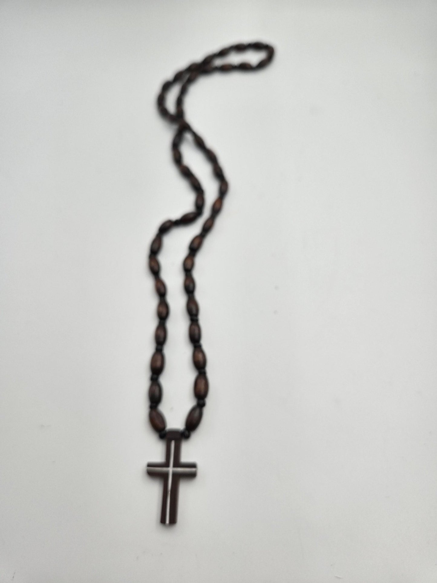Dark Olive Wood & Agate Bead Rosary Necklace — Inlaid Cross Pendant - Christian Crafts