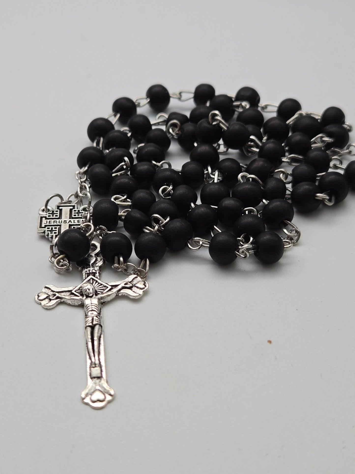 Devotional Black Wood Rosary with Jerusalem Cross - Spiritual Adornment - Christian Crafts