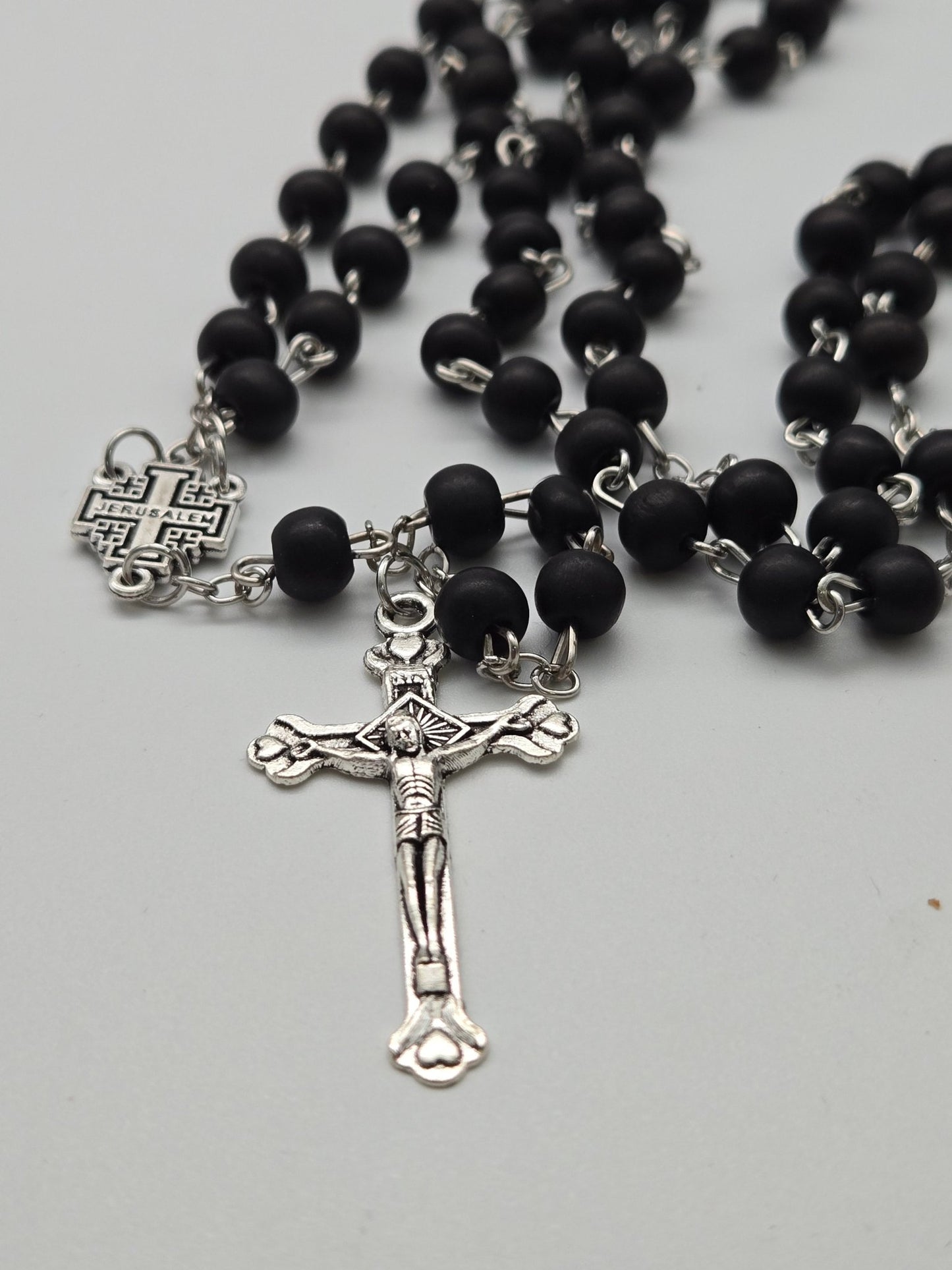 Devotional Black Wood Rosary with Jerusalem Cross - Spiritual Adornment - Christian Crafts
