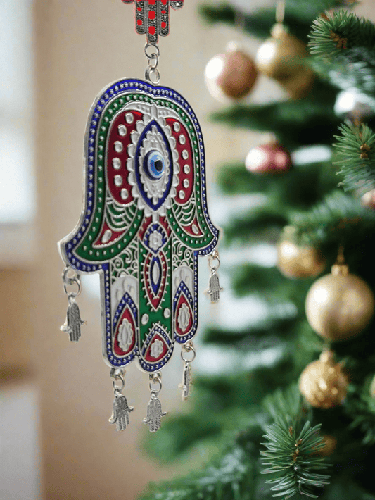 Enamel Hamsa Hand with Evil Eye – Pewter Hanging Amulet (Hand of Mary) - Christian Crafts