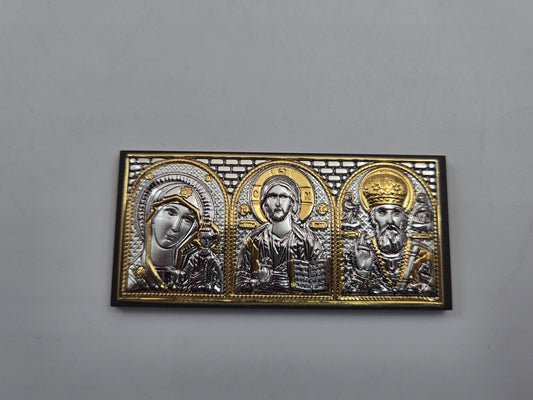 Flat Silver Car Icon – Holy Land Triptych (Mary & Child, Christ, St. Nicholas) - Christian Crafts