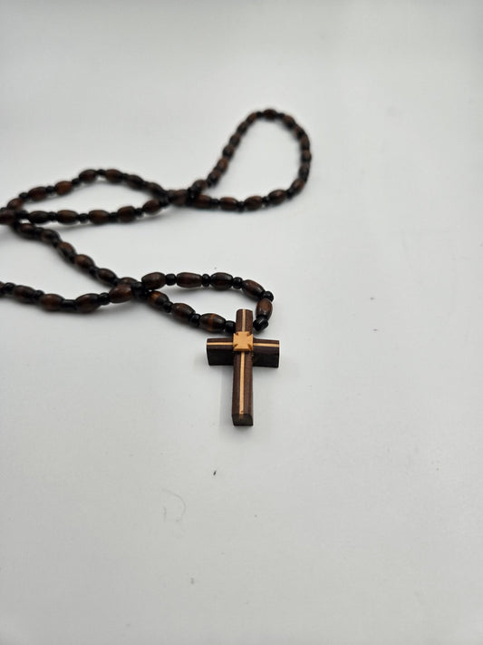 Hand - Polished Olive Wood Rosary Pendant Necklace — Natural Beads & Cross - Inlaid - Christian Crafts