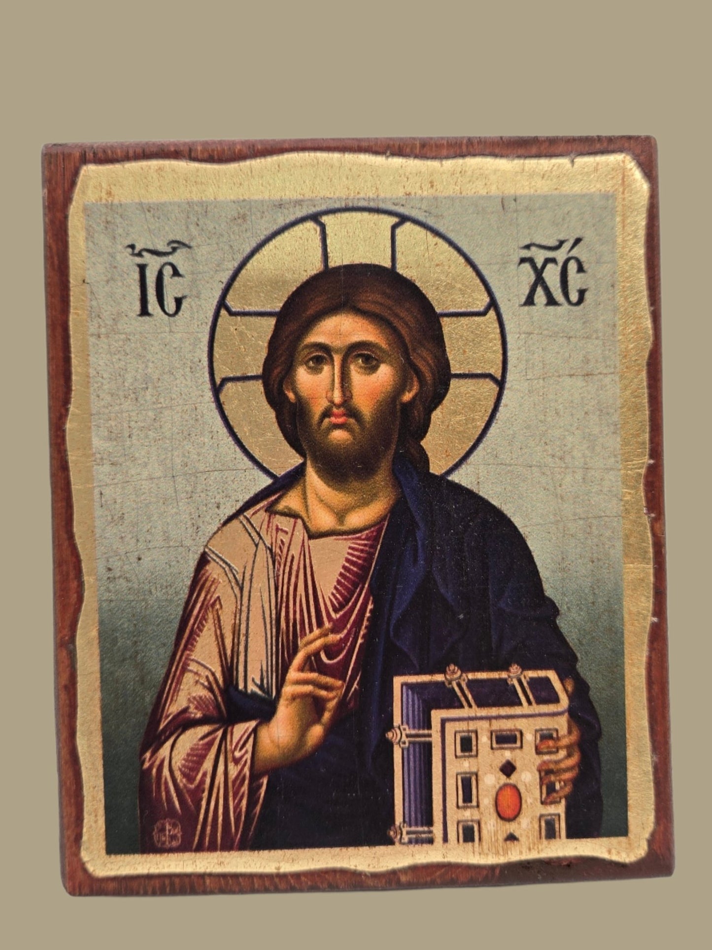 Handcrafted Olive Wood Jesus Icon with Golden Plating - Christian Crafts