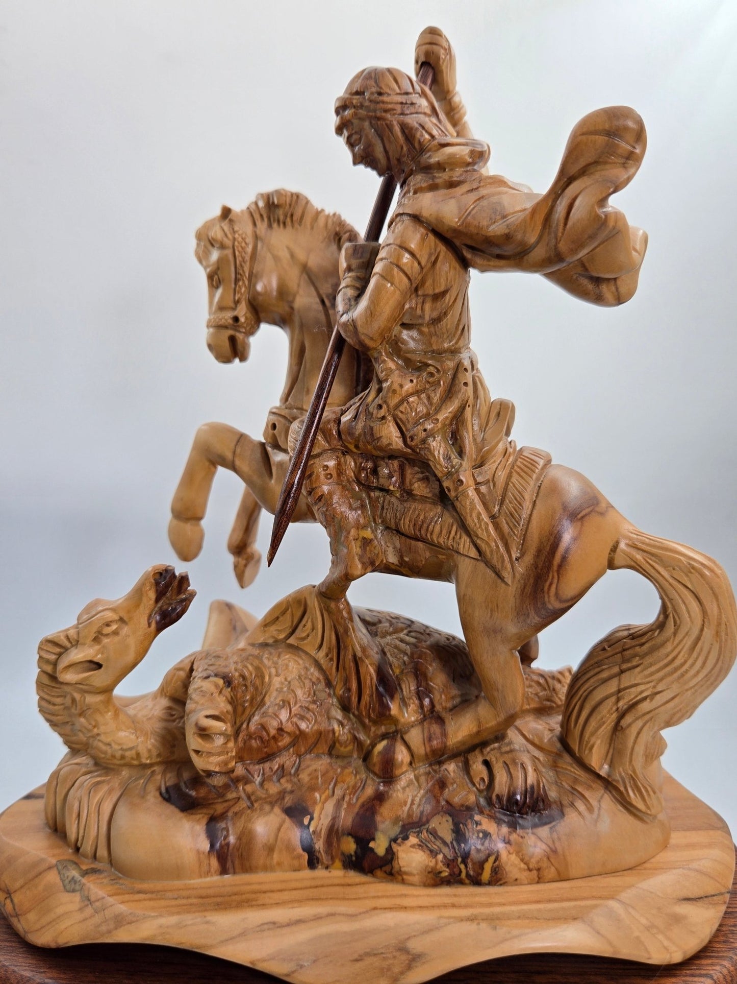 Handcrafted Olive Wood St. George Sculpture from the Holy Land - Christian Crafts