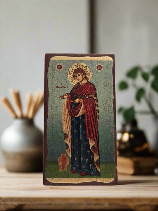 Handmade Virgin Mary Icon - Natural Wood & Golden Plated - Christian Crafts