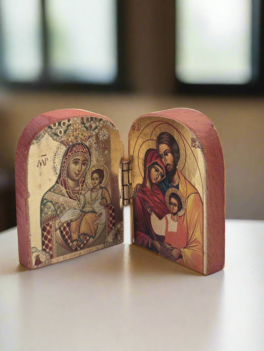 Holy Family Diptych Icon - Handcrafted Natural Wood - Christian Crafts