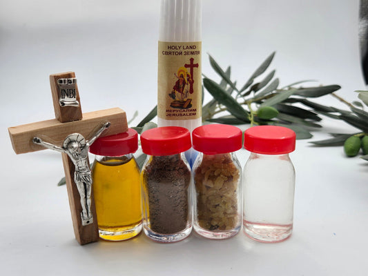 Holy Land Devotional Gift Set – Jordan River Holy Water, Jerusalem Soil, Incense, Olive Oil, Olive - Wood Crucifix & Candle with Icon - Christian Crafts