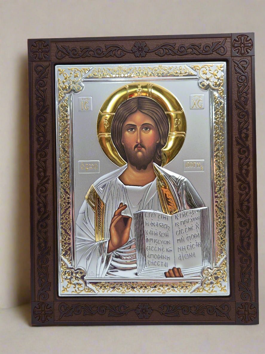 Holy Land Jesus Icon with Silver and Golden touch on Carved Wood Base - Christian Crafts