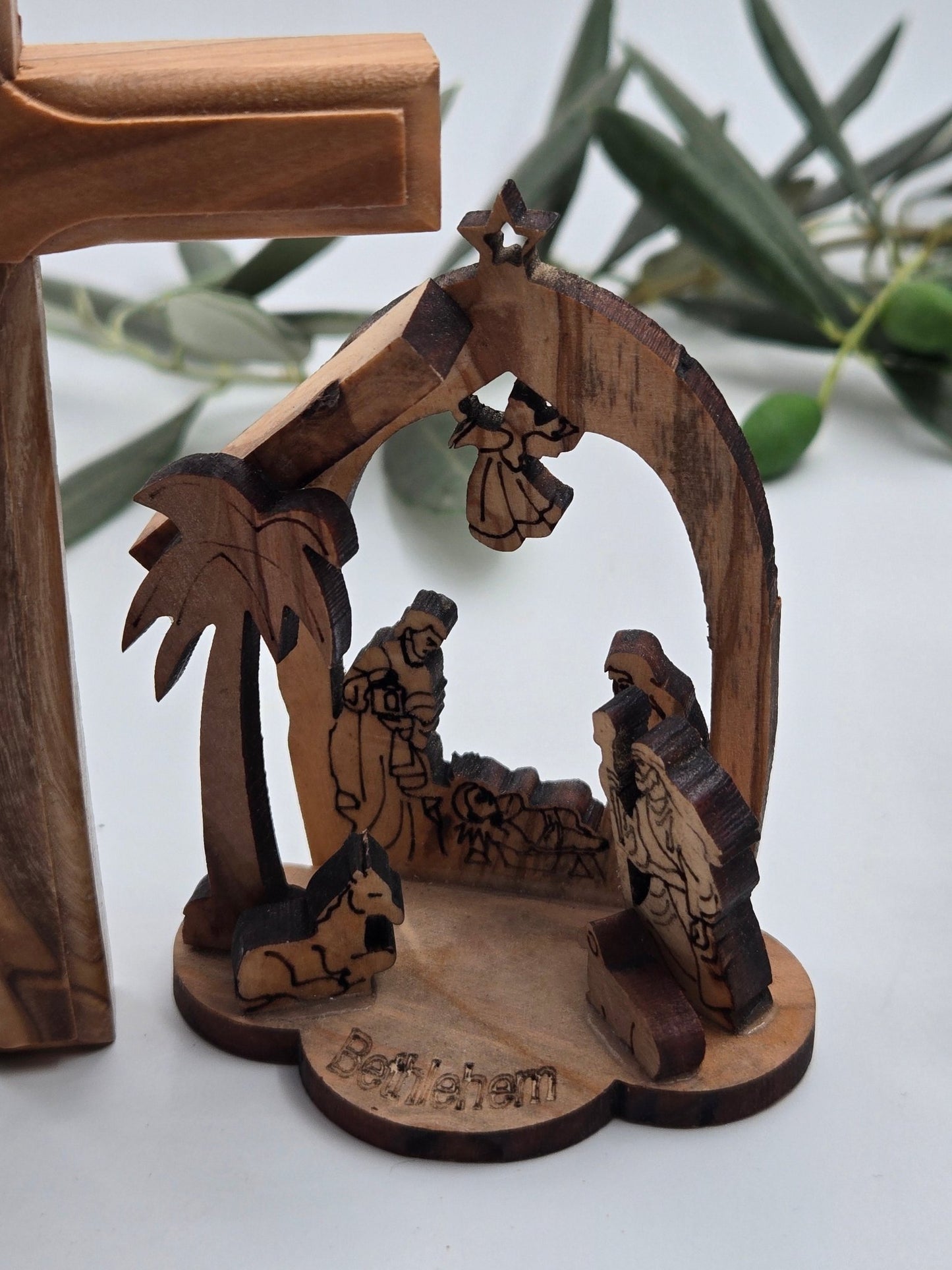 Holy Land Olive Wood Faith Trio Gift Set – Standing Cross, Madonna & Child & Mini Nativity Bundle - Christian Crafts