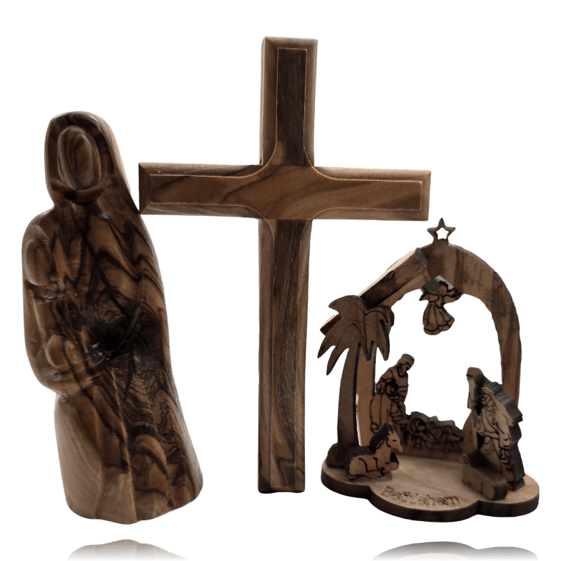 Holy Land Olive Wood Faith Trio Gift Set – Standing Cross, Madonna & Child & Mini Nativity Bundle - Christian Crafts