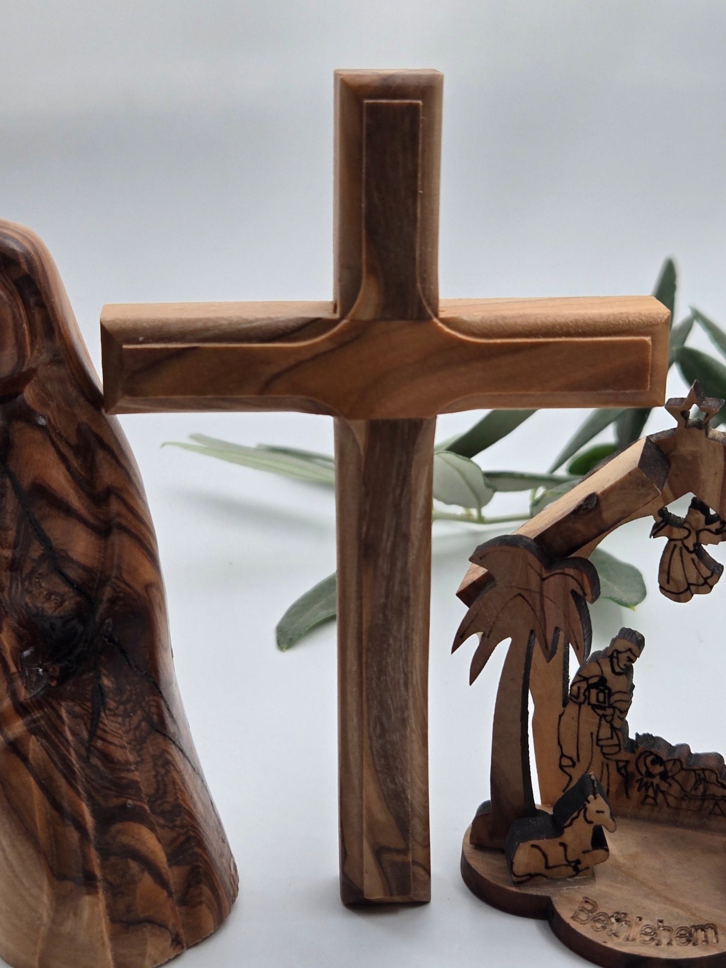 Holy Land Olive Wood Faith Trio Gift Set – Standing Cross, Madonna & Child & Mini Nativity Bundle - Christian Crafts