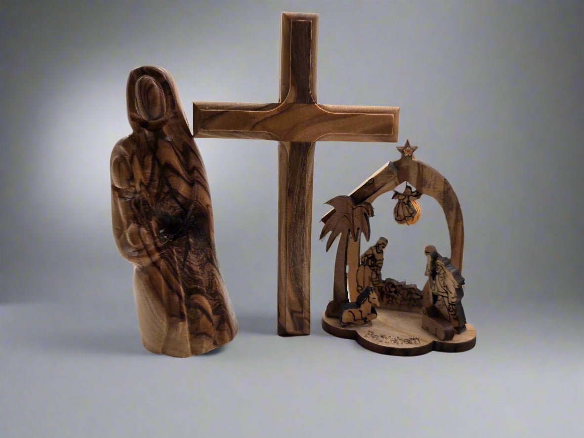Holy Land Olive Wood Faith Trio Gift Set – Standing Cross, Madonna & Child & Mini Nativity Bundle - Christian Crafts