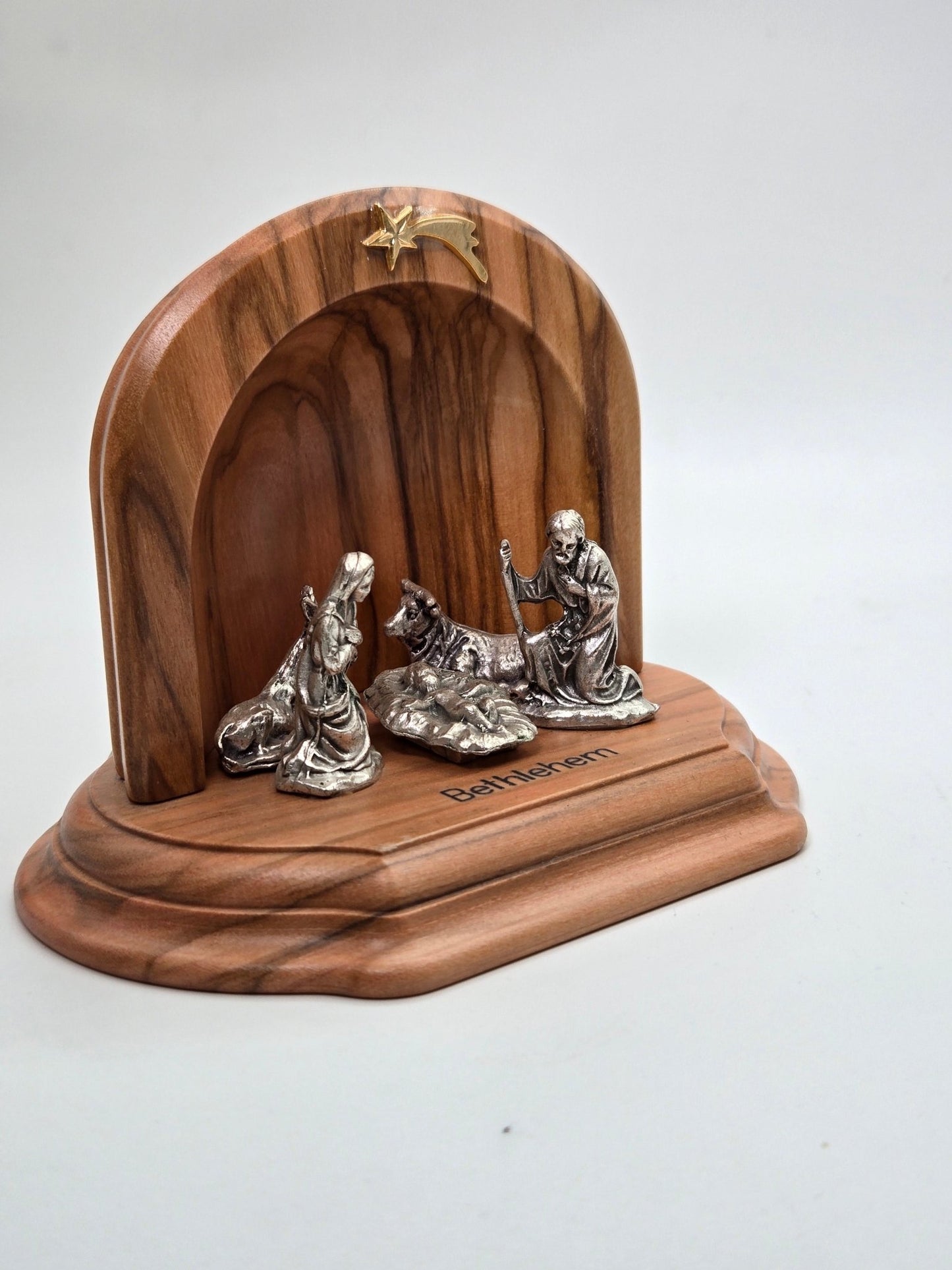 Holy Land Olive Wood Grotto Nativity with Pewter Figures – Bethlehem - Christian Crafts