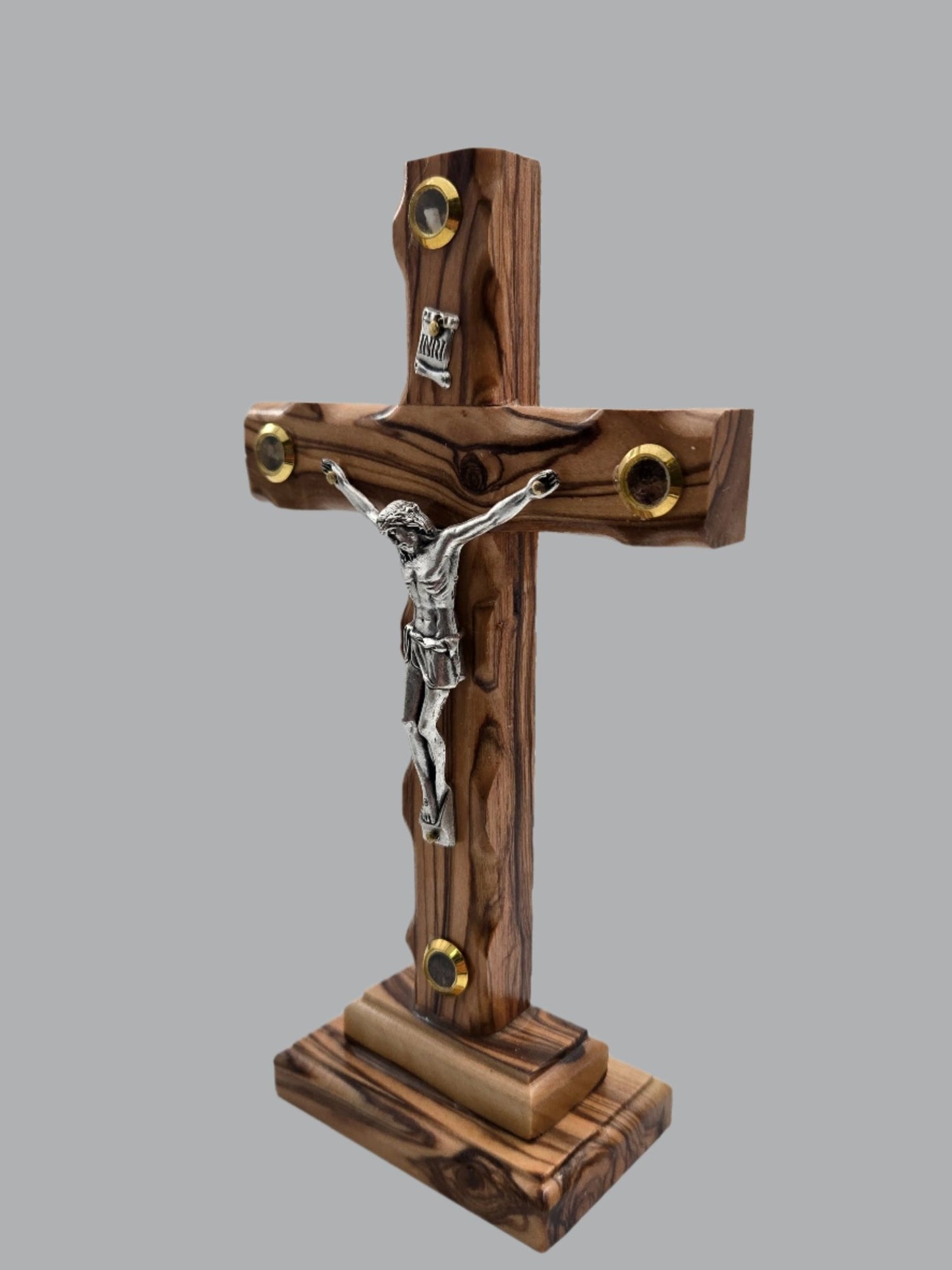 Jerusalem Olive Wood Catholic Cross with Holy Land Relics - Christian Crafts