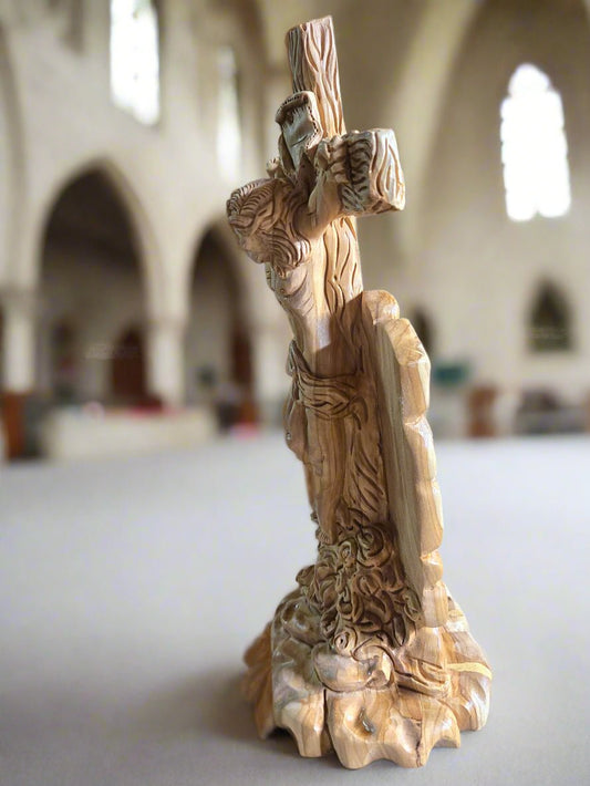 Masterpiece Olive Wood Crucifix Statue — One - of - a - Kind Hand - Carved Calvary Scene - Christian Crafts