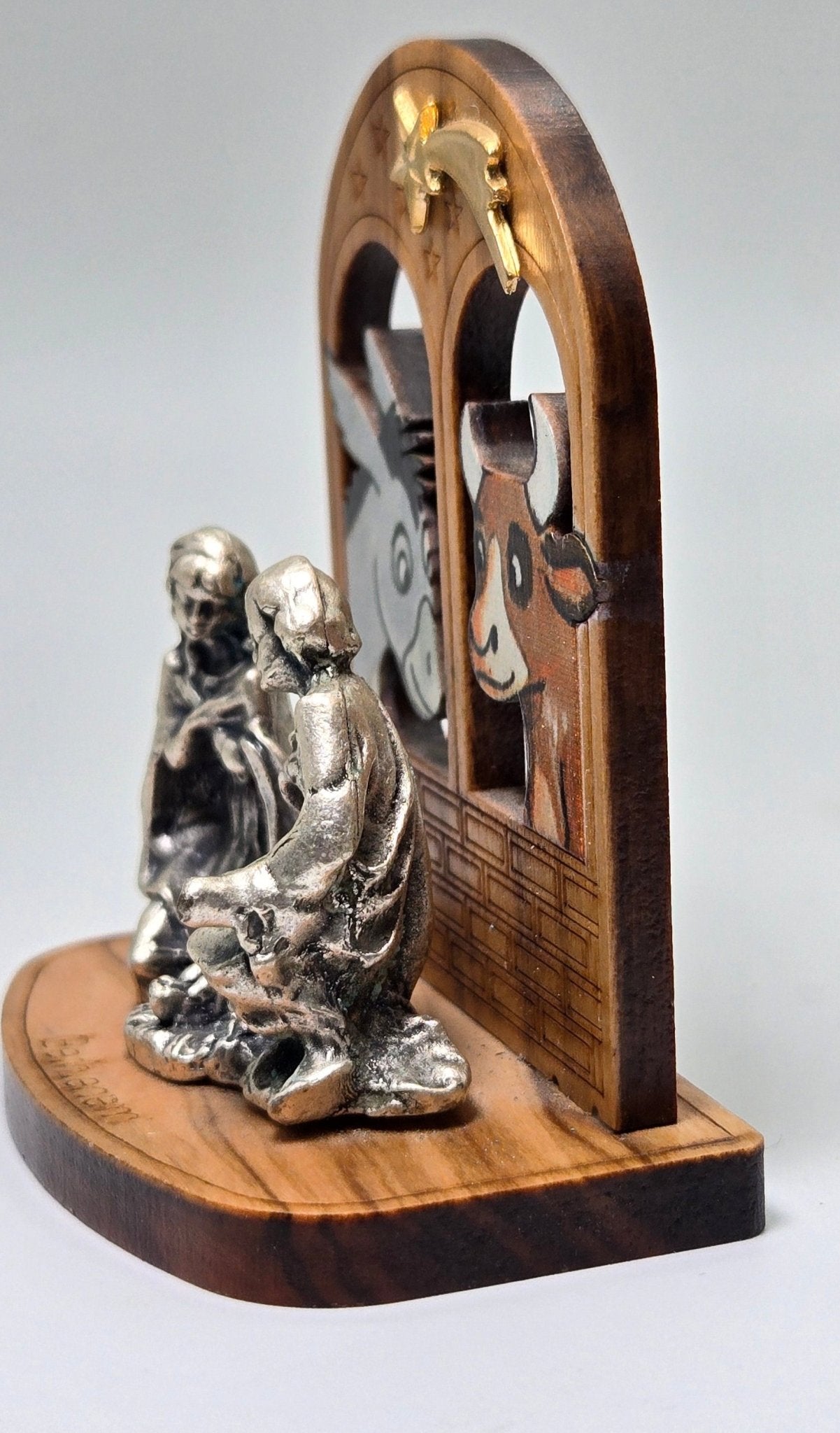 Modern Olive Wood “Bethlehem Window” Holy Family Nativity with Pewter Figures - Christian Crafts