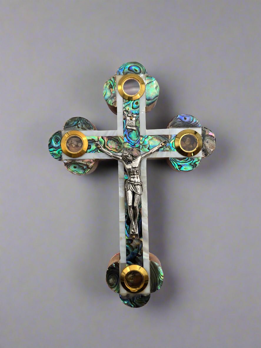Mother - of - Pearl Reliquary Cross — Soil, Olive Leaf, Incense & Stone Capsules - Christian Crafts