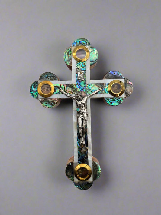 Mother - of - Pearl Reliquary Cross — Soil, Olive Leaf, Incense & Stone Capsules - Christian Crafts