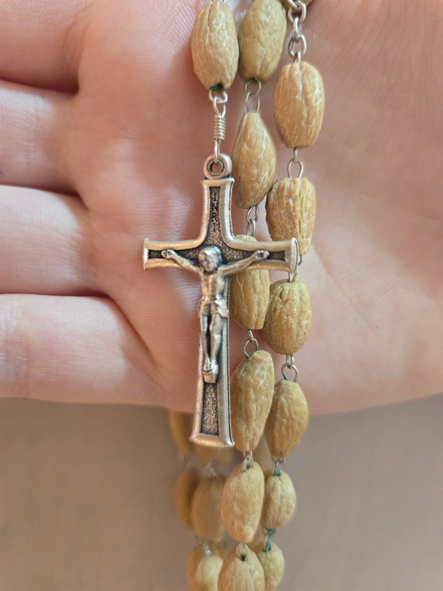 Olive Pit Rosary Necklace — Pewter Reliquary with Holy - Land Soil & Crucifix - Christian Crafts