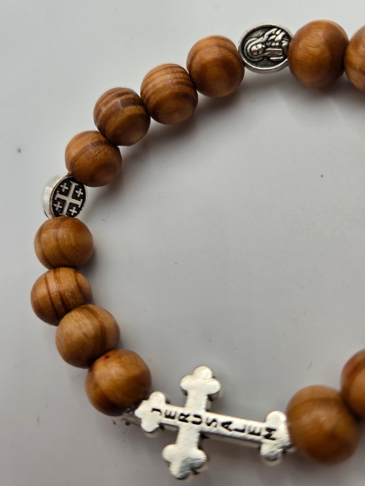 Olive Wood Bead Bracelet with Jerusalem Cross — Unisex Elastic Design - Christian Crafts