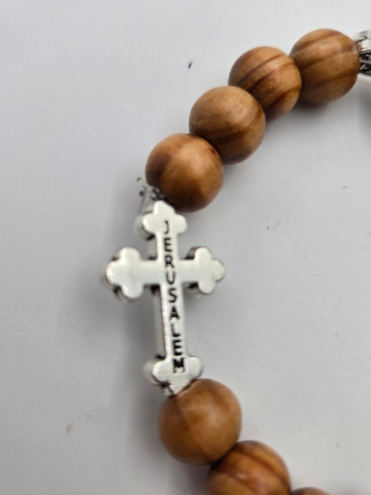 Olive Wood Bead Bracelet with Jerusalem Cross — Unisex Elastic Design - Christian Crafts