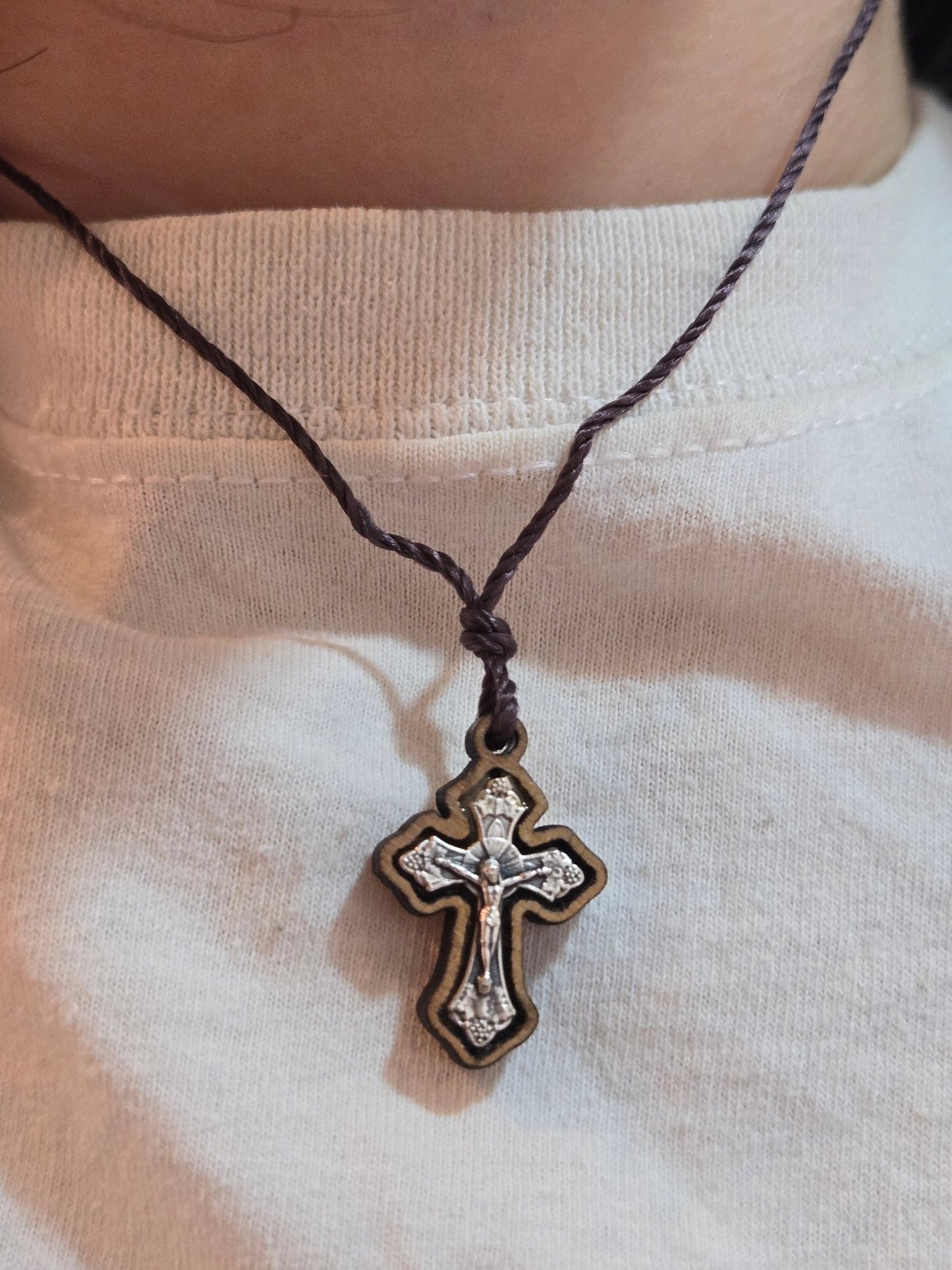 Olive Wood Crucifix Pendant Necklace — Small Silver - Tone Corpus - Christian Crafts