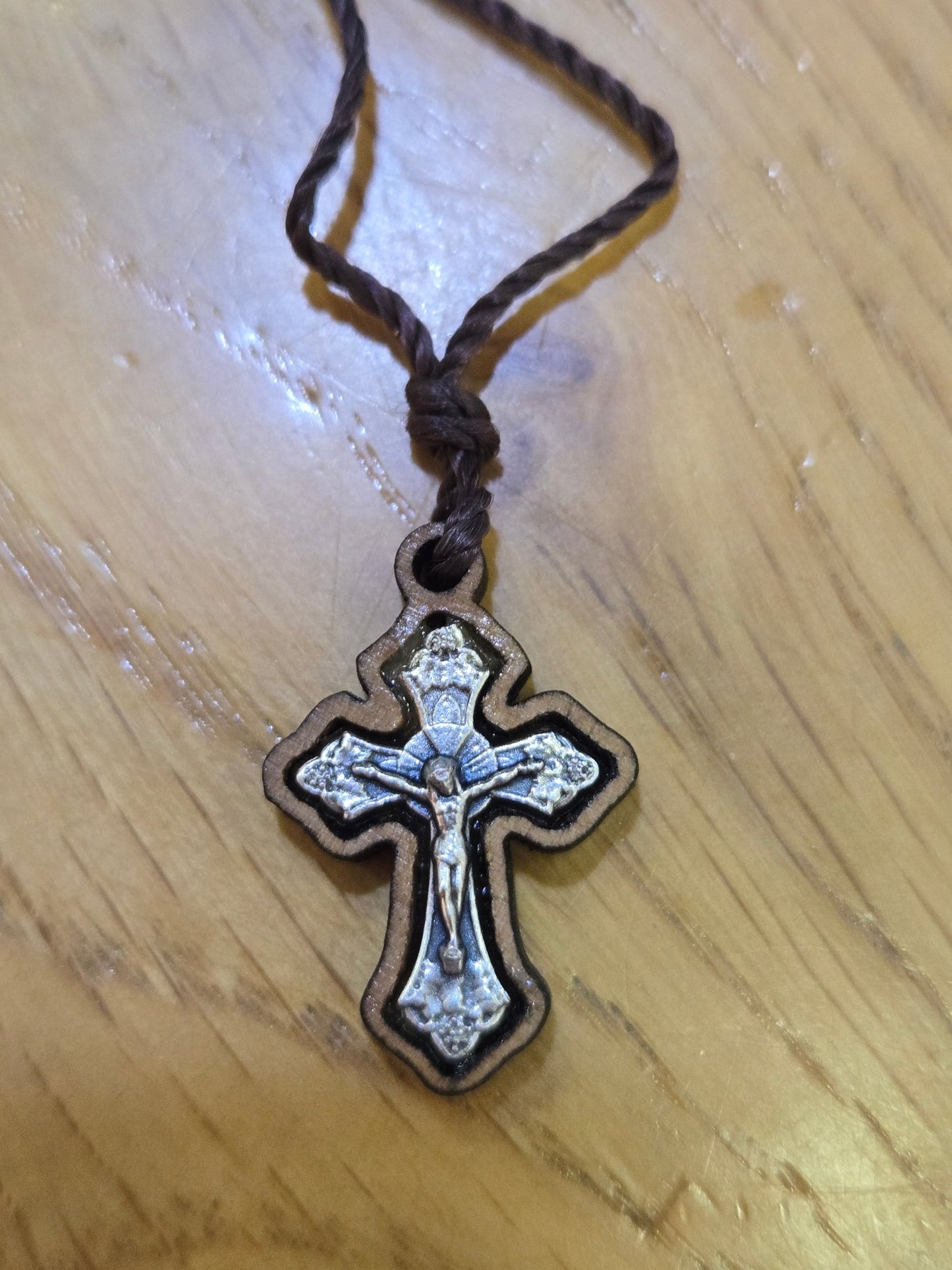 Olive Wood Crucifix Pendant Necklace — Small Silver - Tone Corpus - Christian Crafts