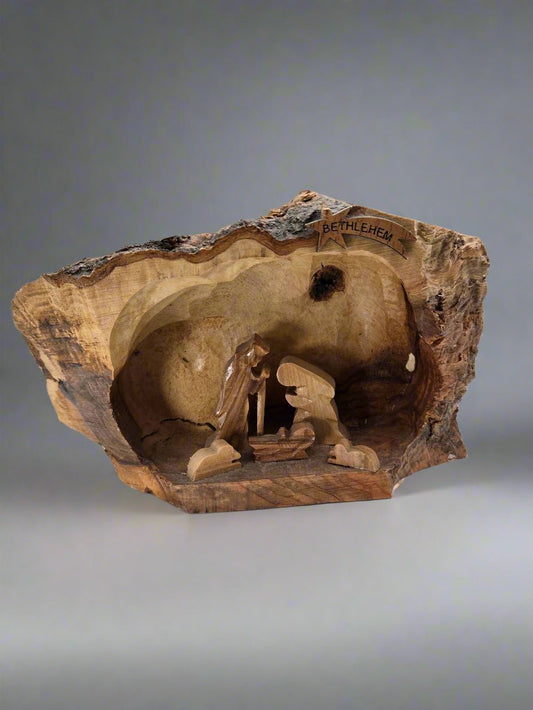 Olive Wood Holy Family Nativity Cave — Rustic Bark Crèche Sculpture - Christian Crafts
