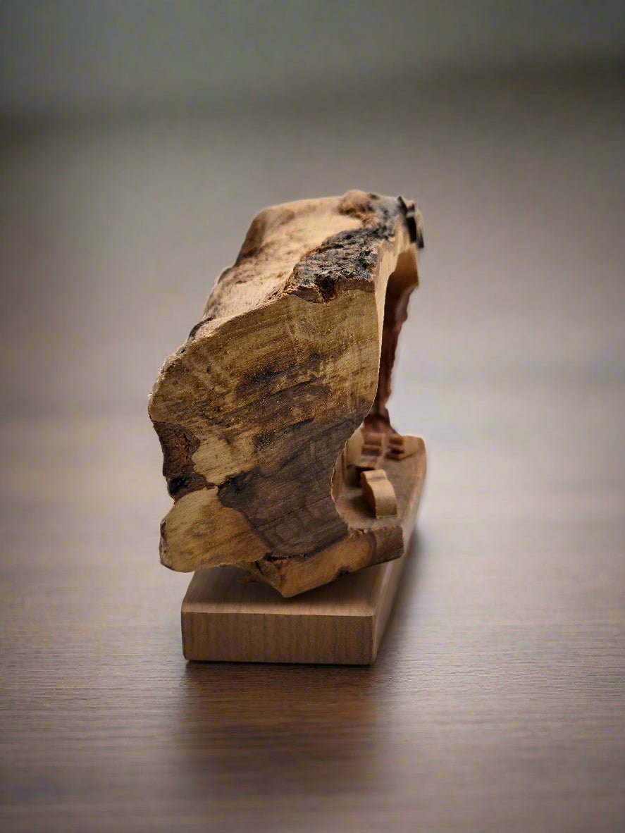 Olive Wood Holy Family Nativity Cave — Rustic Bark Crèche Sculpture - Christian Crafts