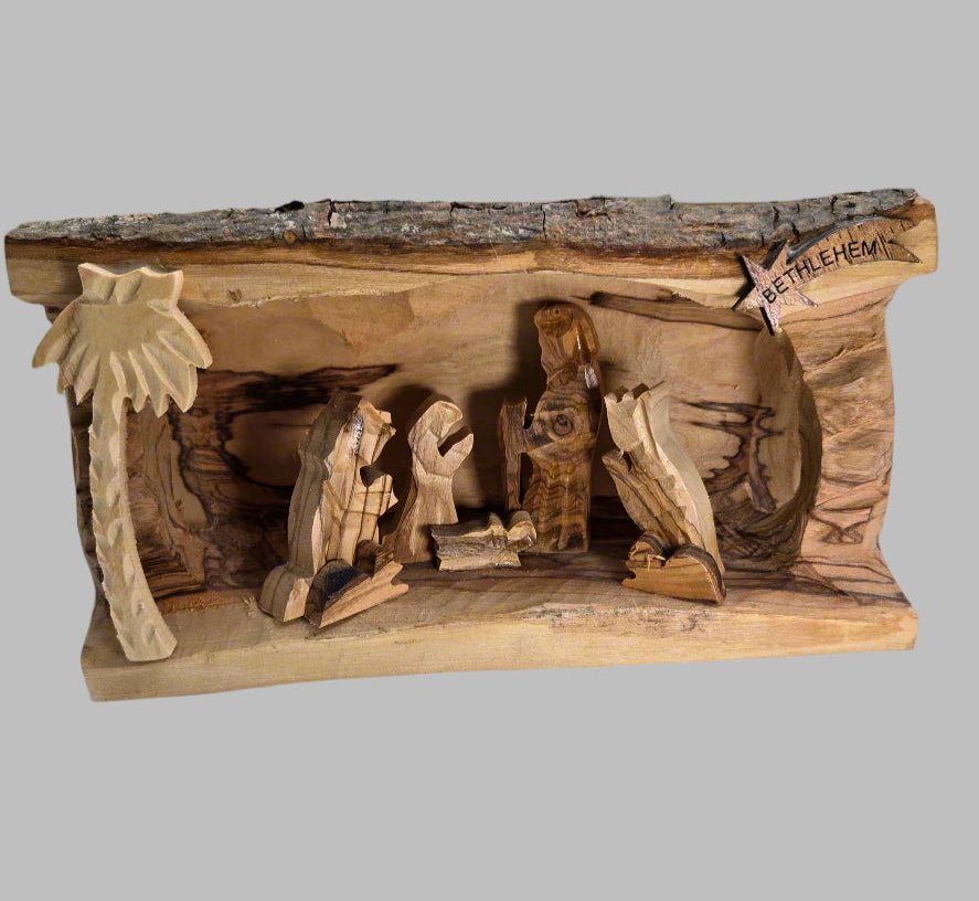 Olive Wood Holy Family Nativity Log — Bethlehem Bark Crèche Sculpture - Christian Crafts
