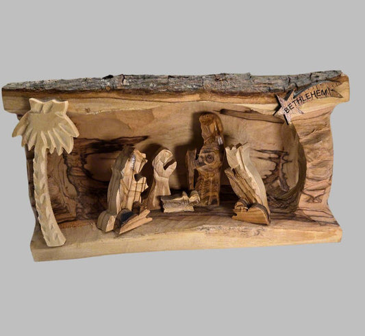 Olive Wood Holy Family Nativity Log — Bethlehem Bark Crèche Sculpture - Christian Crafts