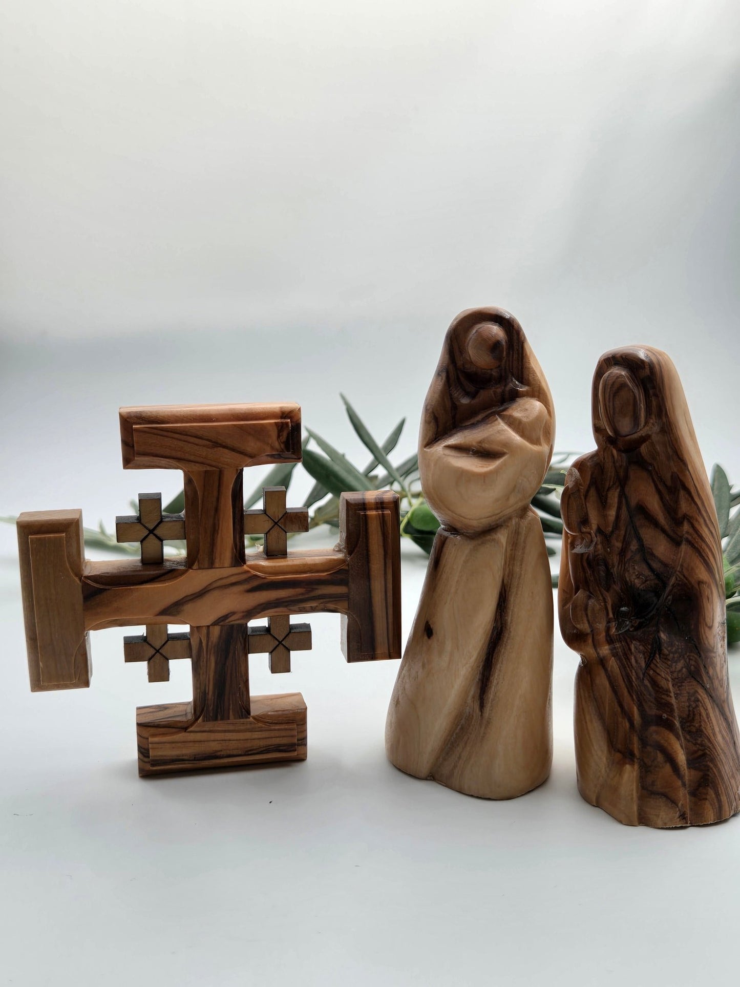 Olive Wood Holy Land Trio – Abstract Madonna & Child, St. Joseph & Jerusalem Cross (3 - Piece Set) - Bundle