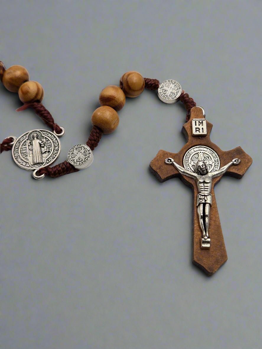 Olive Wood & Silver - Plated St. Benedict Rosary — Durable Corded Beads - Christian Crafts