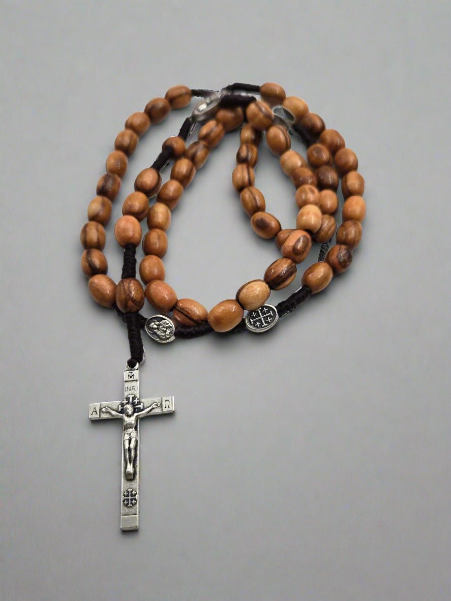 Olive Wood & Silver - Plated St. Benedict Rosary — Natural Beads with Medal Separators - Christian Crafts