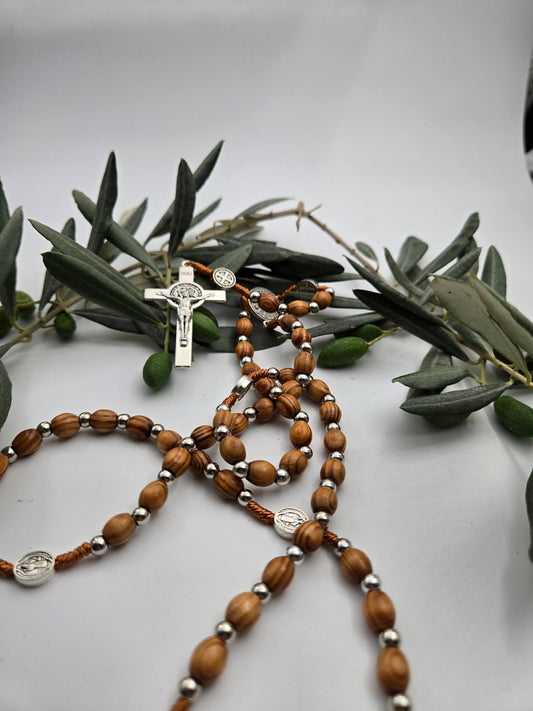 Olive Wood & Silver - Plated St. Benedict Rosary — Natural Beads with Medal Separators - Christian Crafts