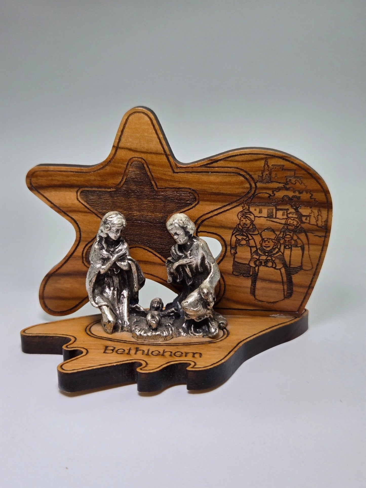 Olive Wood Star Nativity with Pewter Holy Family – Handcrafted in Bethlehem - Christian Crafts