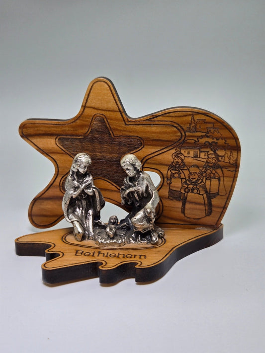 Olive Wood Star Nativity with Pewter Holy Family – Handcrafted in Bethlehem - Christian Crafts