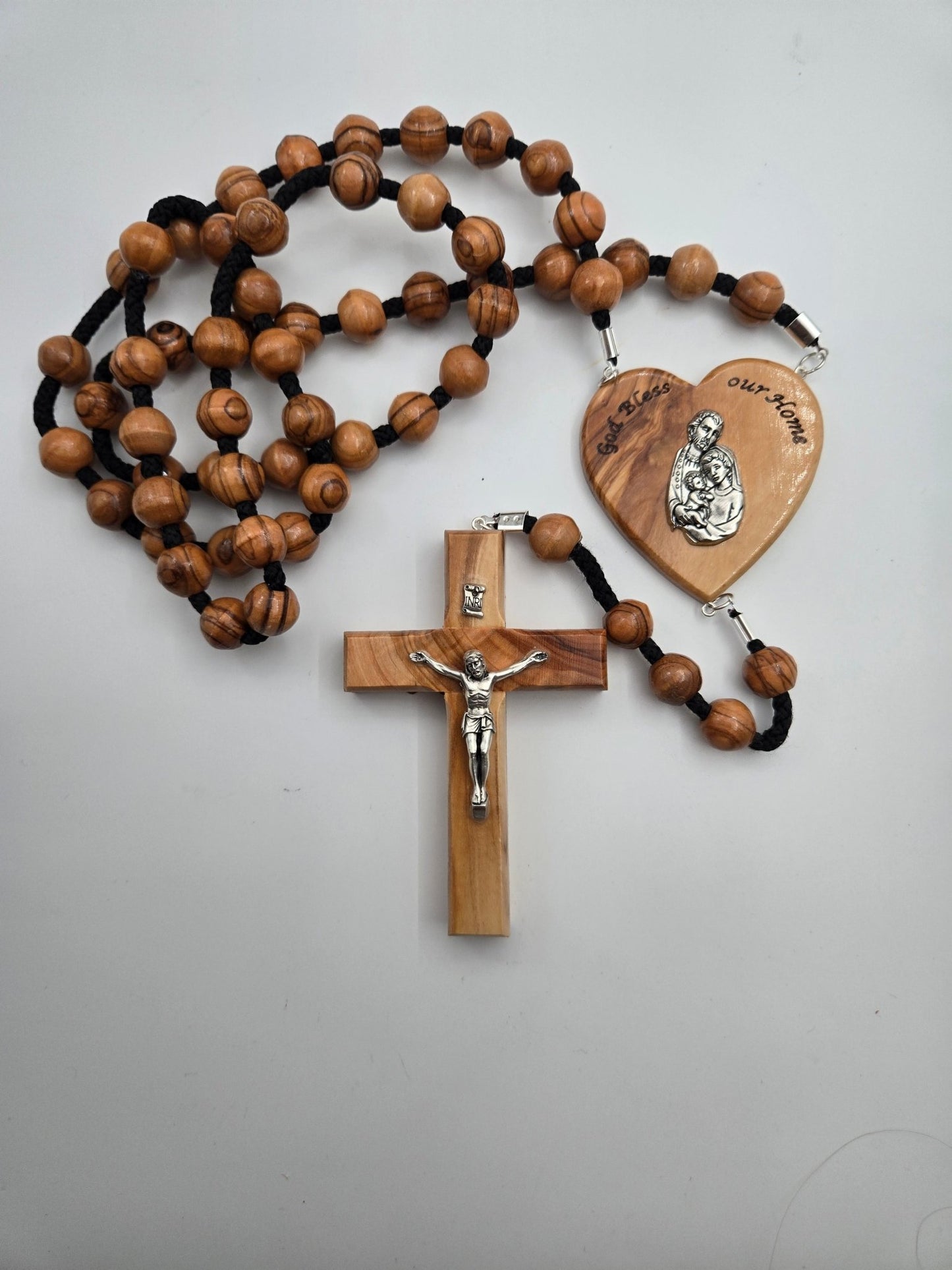 Olive Wood Wall Rosary — 12 mm Beads with Holy Family Heart & 12 cm Crucifix - Christian Crafts