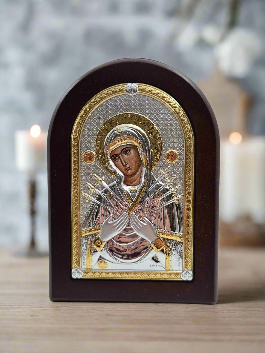 Our Lady of Sorrows Icon - Olive Wood & Silver - Christian Crafts