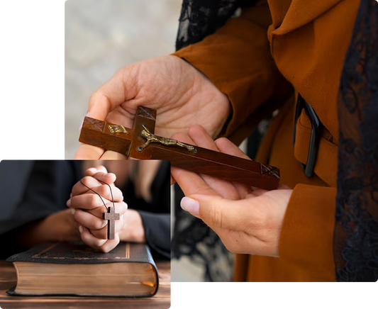 Christian Crafts Shop worshipers holding crosses