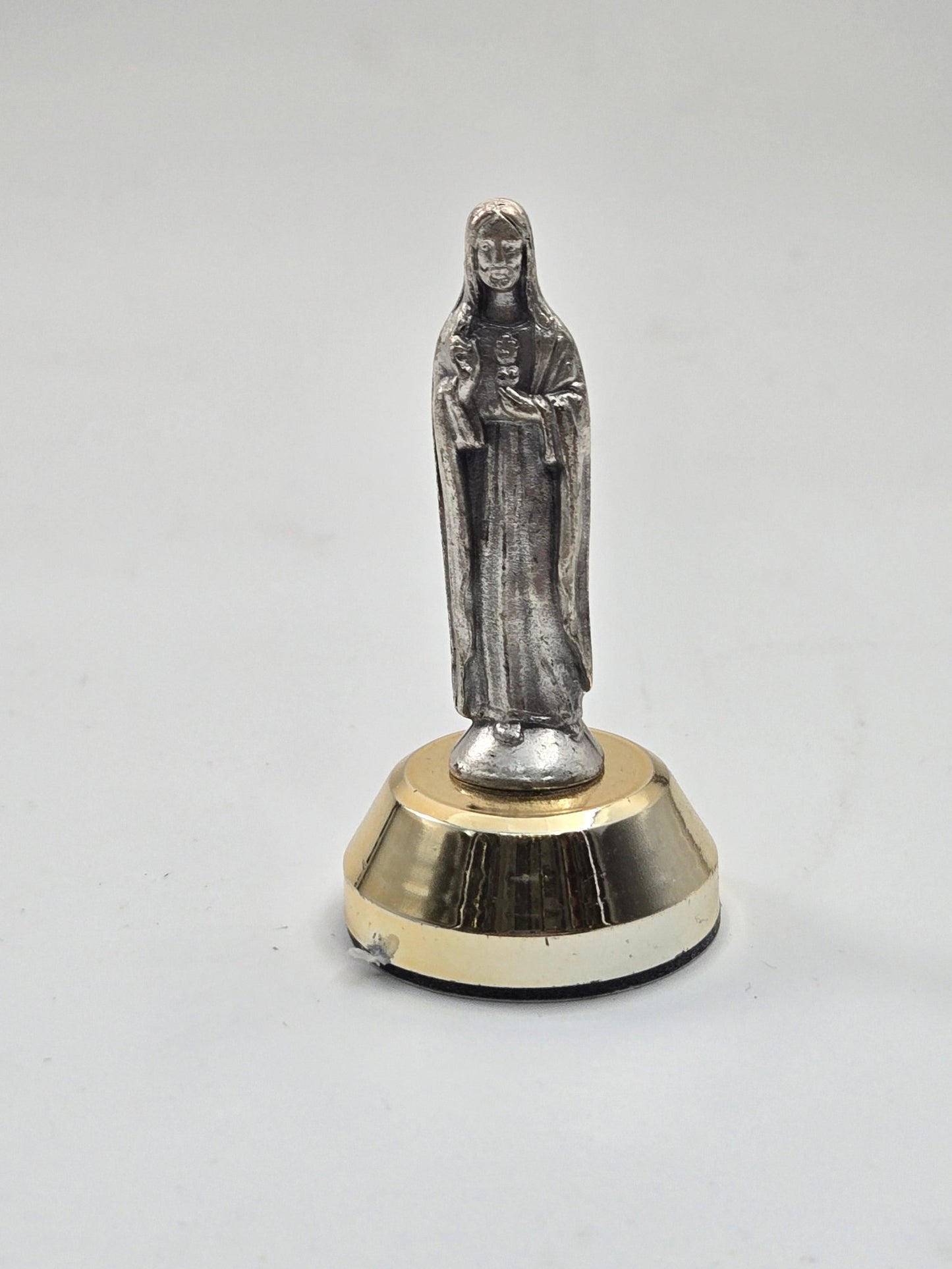 Pewter Virgin Mary Dashboard & Desk Figurine — Adhesive Gold Color - Base Mini Statue - Christian Crafts