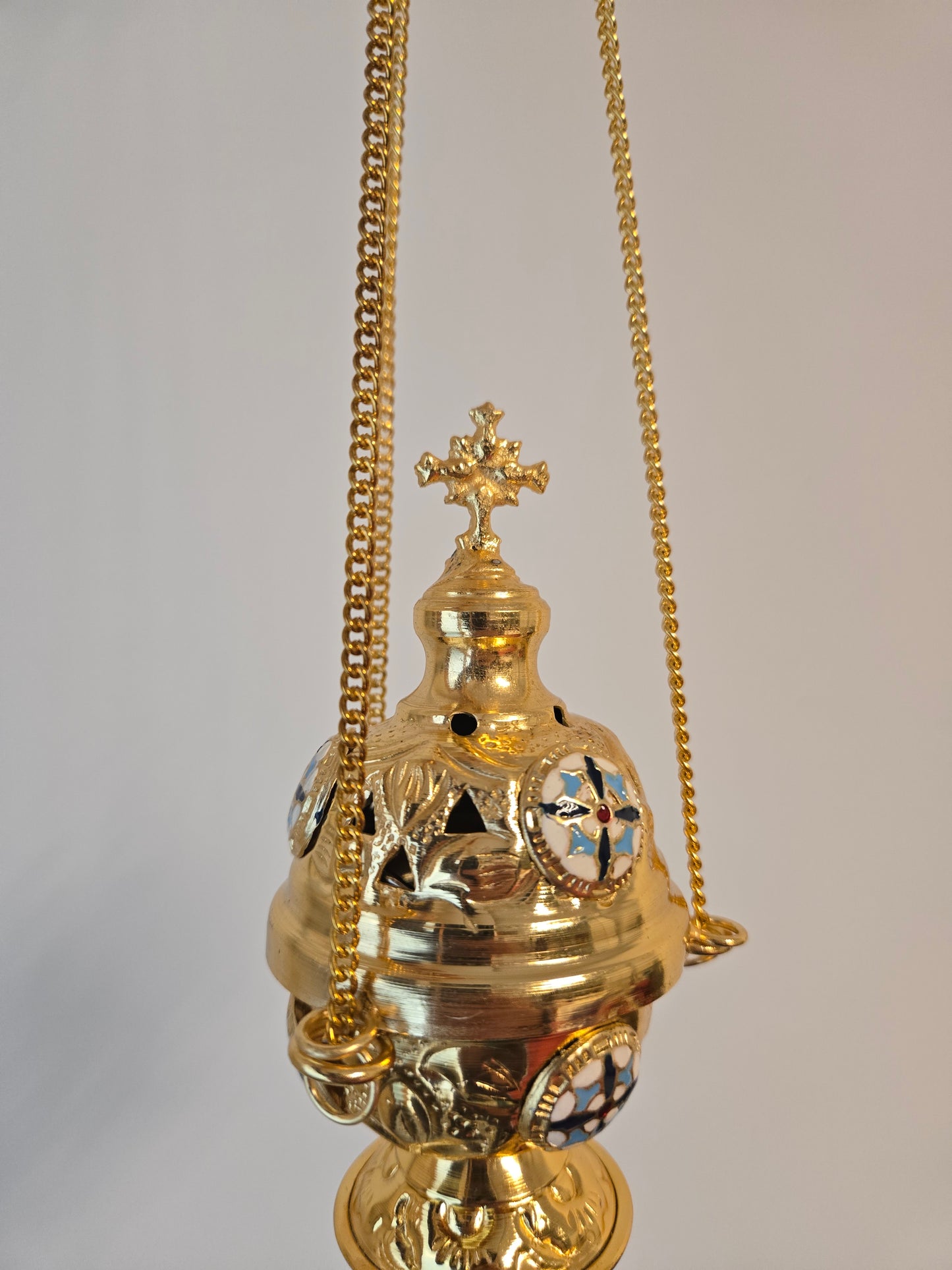 Hanging Incense Burner with Jerusalem Cross, Ceramic Details & Removable Charcoal Cup