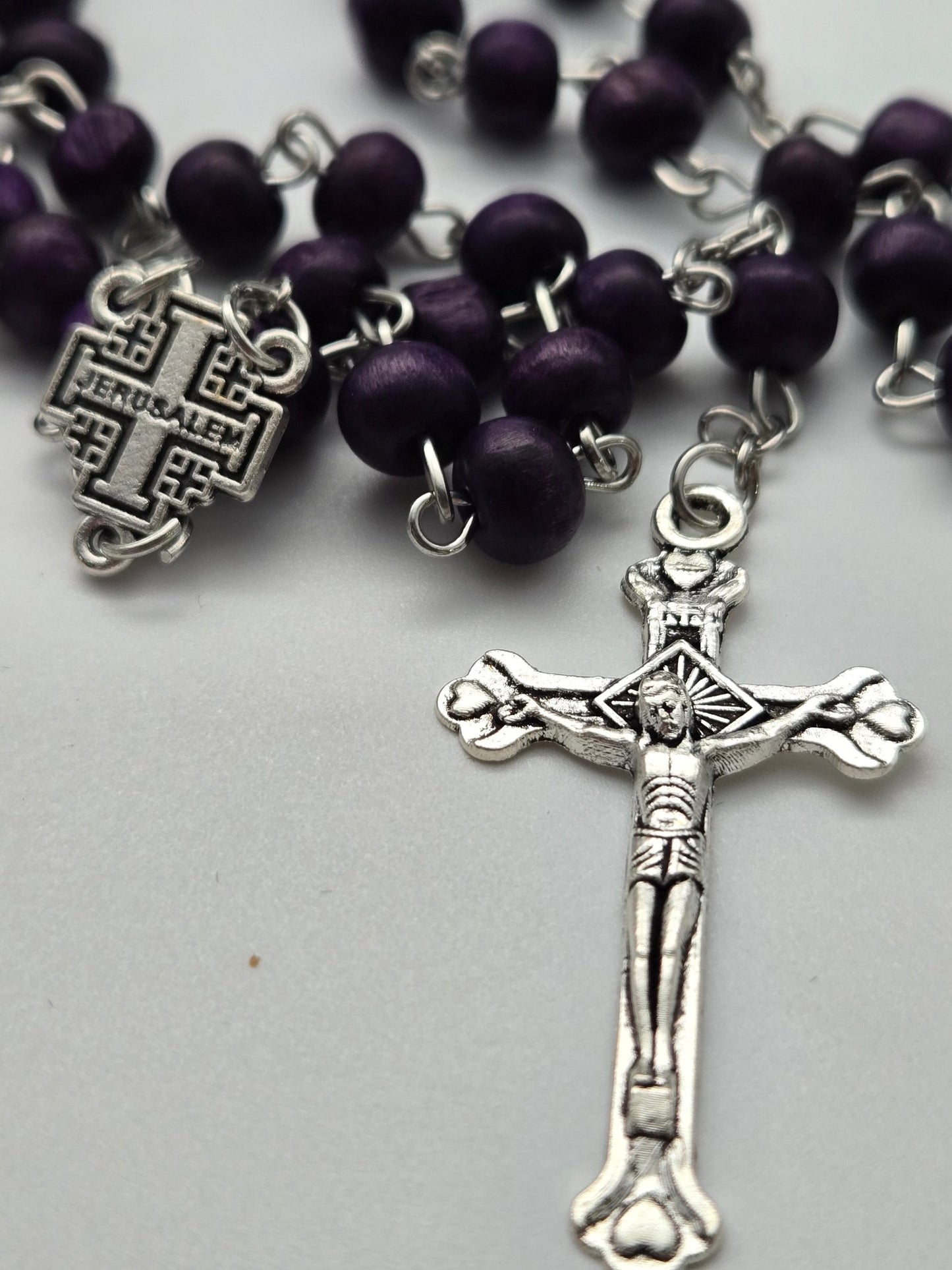 Sacred Holy Land Rosary: Olive Wood & Glass Beads with Holy Soil & Pewter Crucifix - Christian Crafts