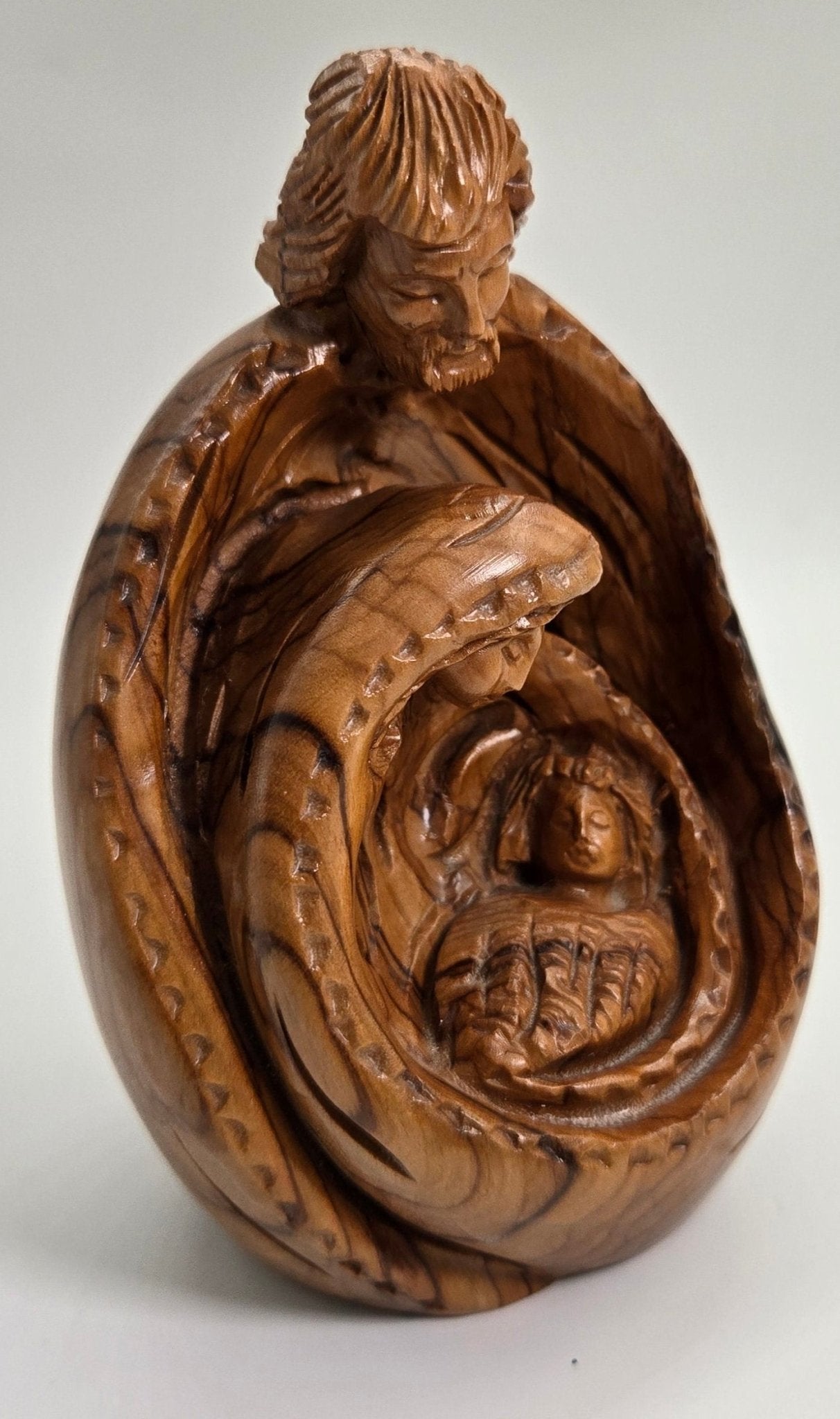ٍSpecial & Unique - Holy Family Embrace — One - Piece Olive Wood Sculpture from the Holy Land - Christian Crafts