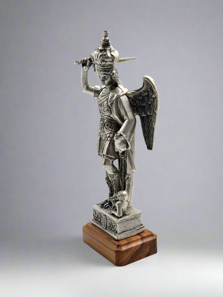 St. Michael the Archangel Statue - Silver - Plated with Olive Wood Base - Christian Crafts